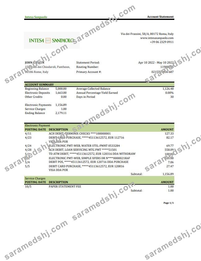 Italy Intesa Sanpaolo bank statement xls